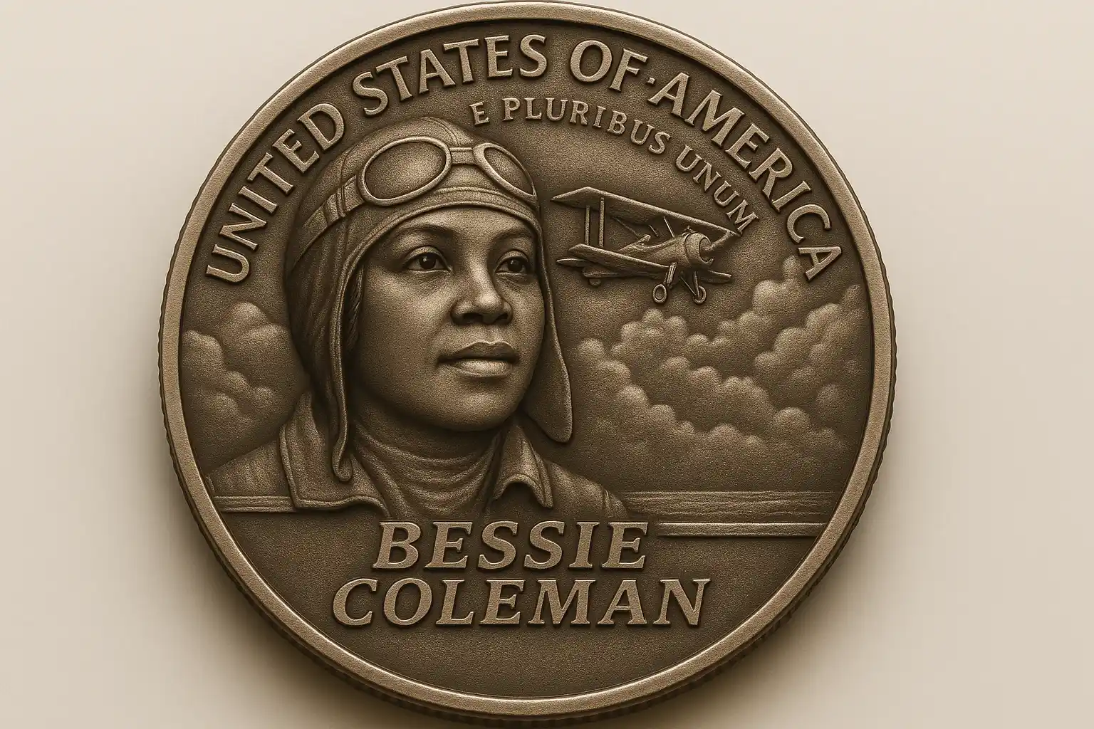 Obverse of the commemorative Bessie Coleman quarter that captures the spirit of aviation and legacy in detailed relief.