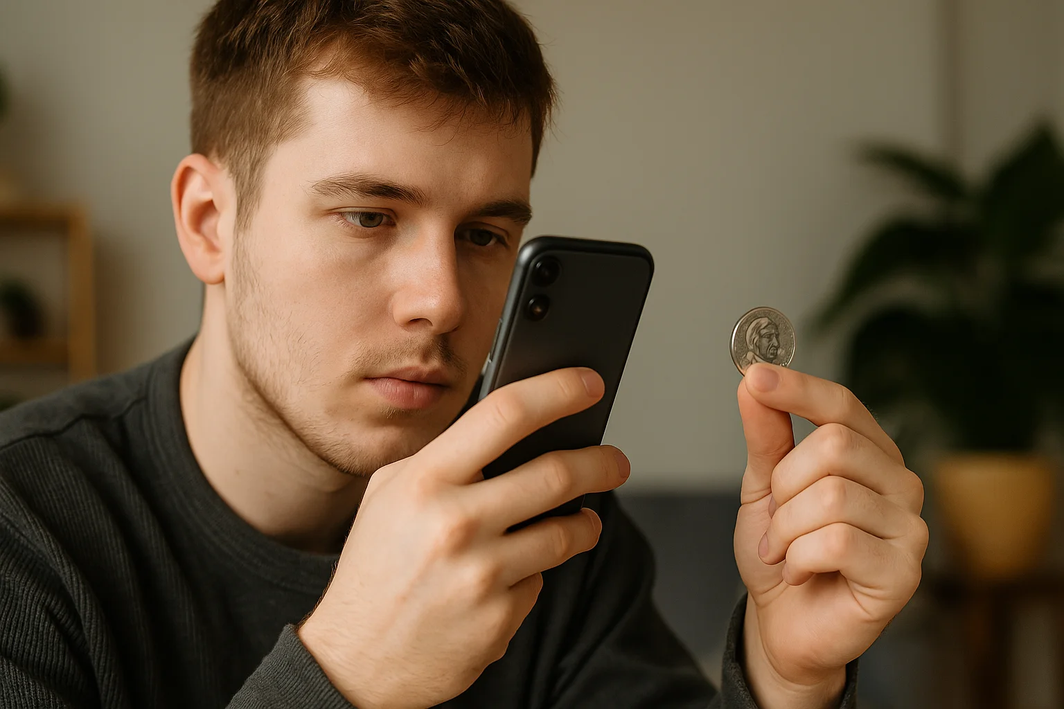 A young collector uses his smartphone to identify the Bessie Coleman quarter and check its market value.