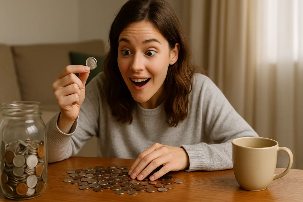 While casually sorting her loose change at home, a young woman lights up as she realizes the quarter she’s holding might actually be valuable.