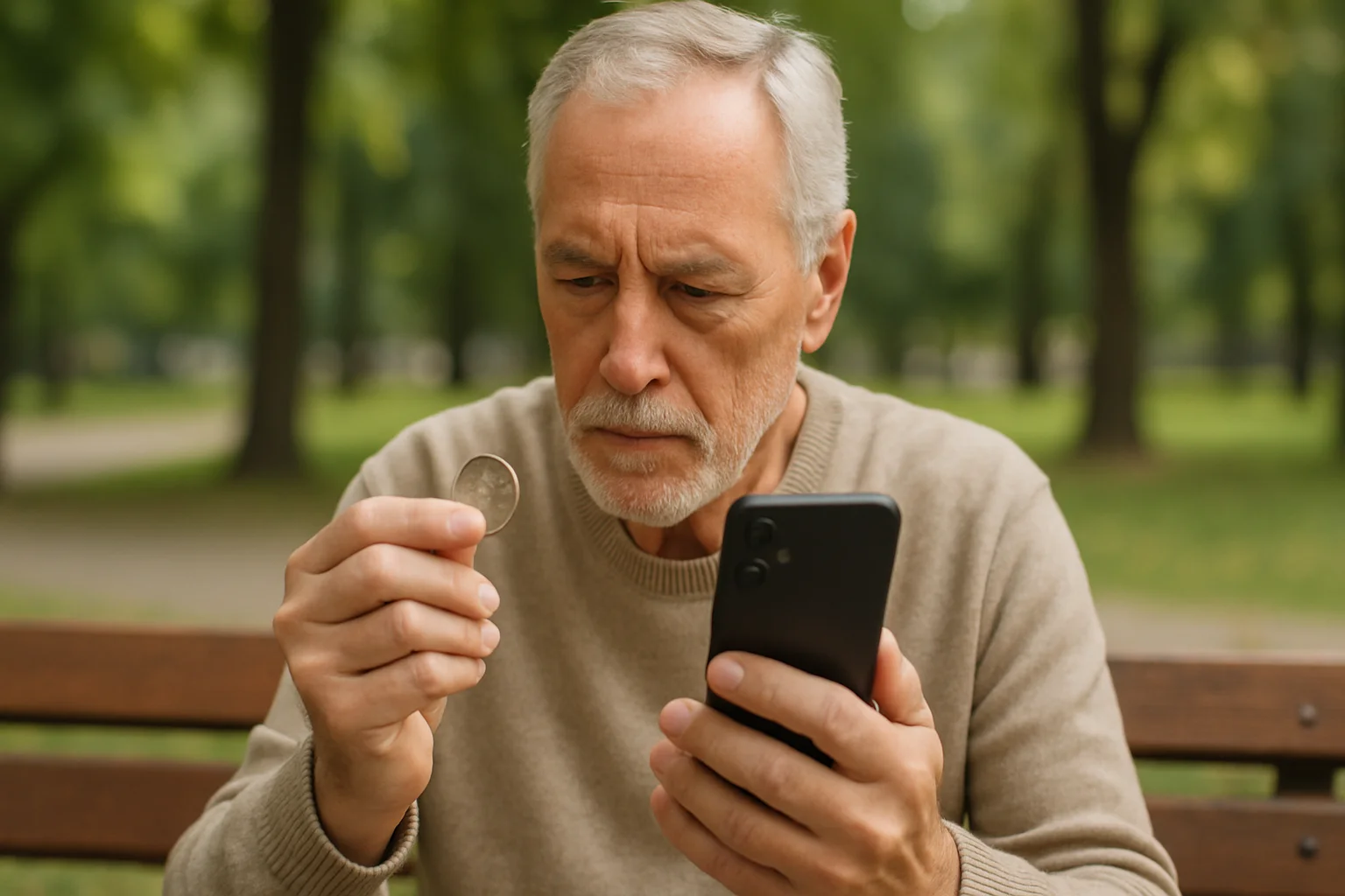 An elderly man sits on a park bench, carefully comparing a quarter in his hand to details on his smartphone — just in case it’s one of those rare State Quarters worth hundreds.