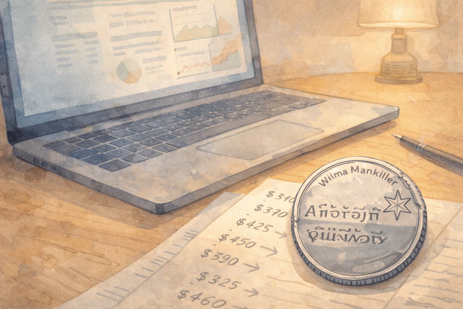  A Wilma Mankiller quarter lies beneath the laptop, sales results are recorded on paper.