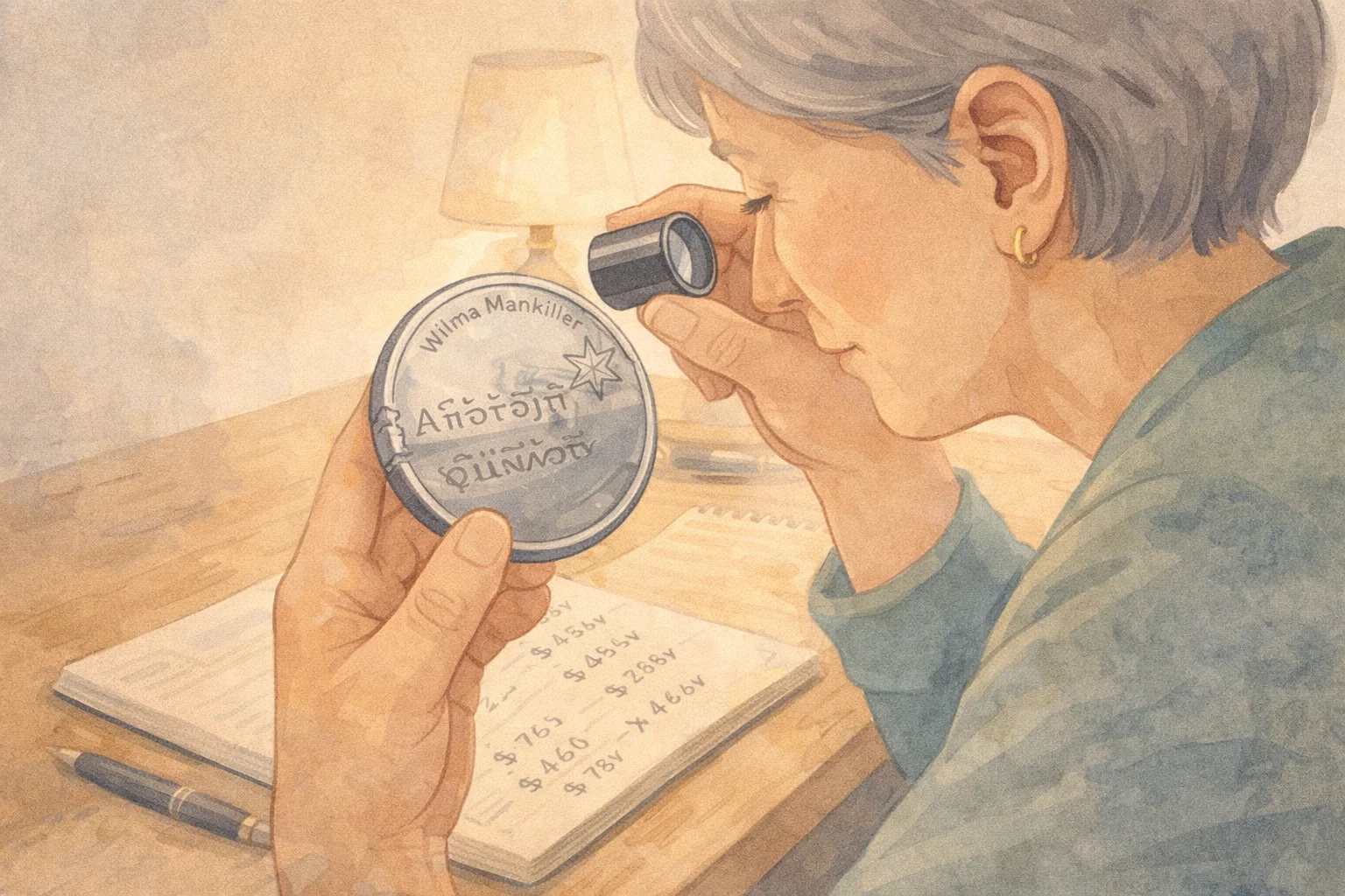 A woman inspects the surface of the Wilma Mankiller quarter.