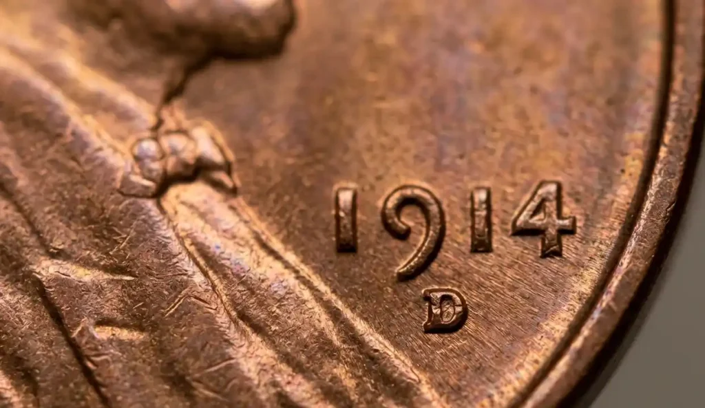 Macro shot of a 1914-D penny mint mark area