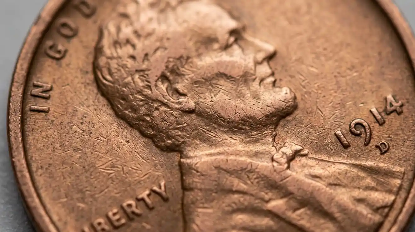 Close-up of worn 1914 penny surface texture